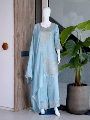 Skyblue silk blend embroidered sequin work wedding palazzo set 4