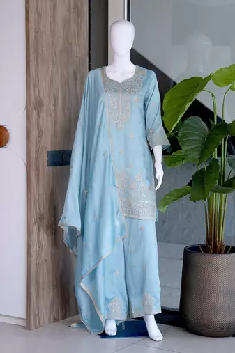 Skyblue silk blend embroidered sequin work wedding palazzo set