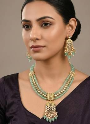 Traditional gold plated kundan and mint beaded 3-layer necklace jewellery set with earrings for women 1
