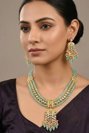 Traditional gold plated kundan and mint beaded 3-layer necklace jewellery set with earrings for women