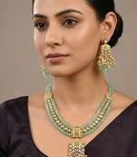Traditional gold plated kundan and mint beaded 3-layer necklace jewellery set with earrings for women