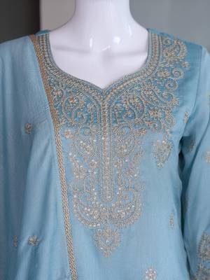 Skyblue silk blend embroidered sequin work wedding palazzo set 5