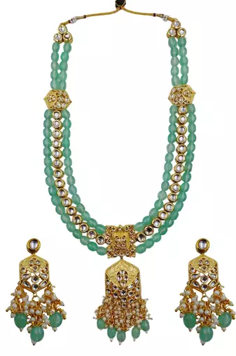 Traditional gold plated kundan and mint beaded 3-layer necklace jewellery set with earrings for women