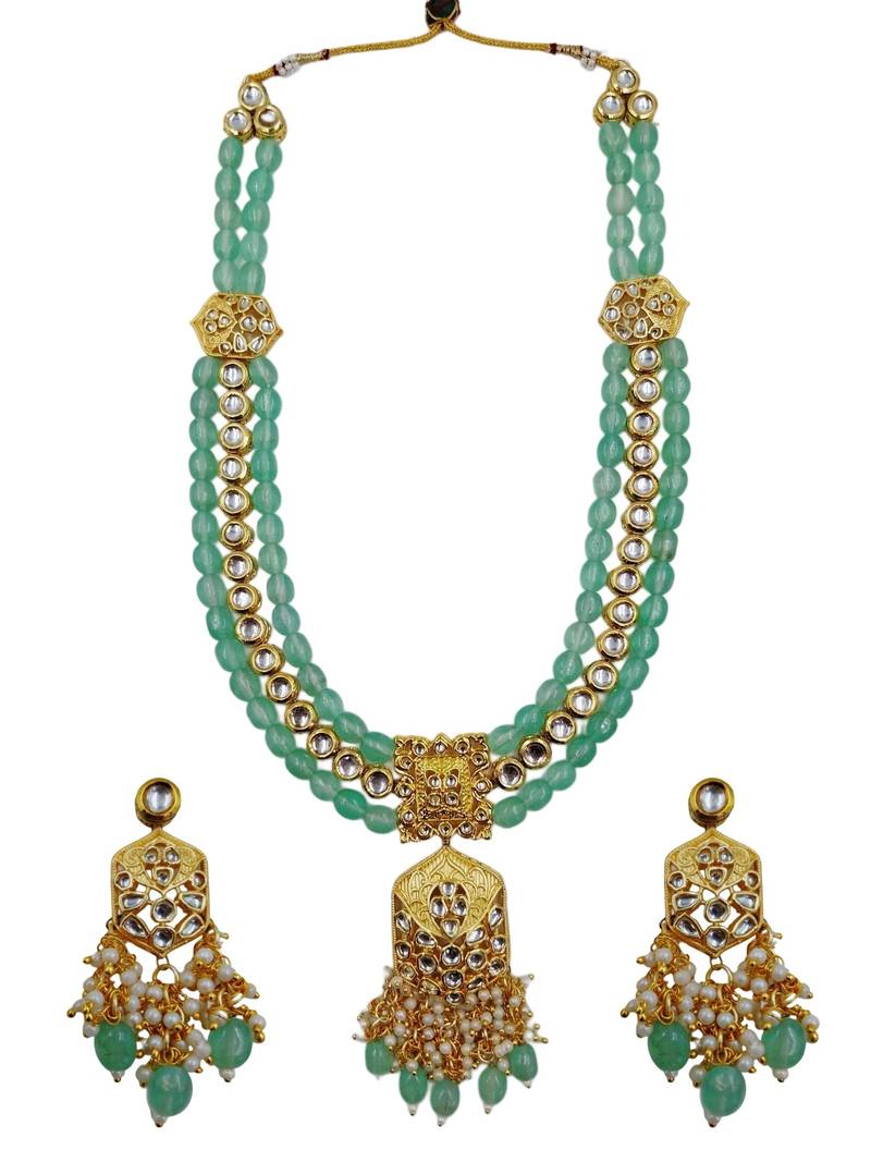 Traditional gold plated kundan and mint beaded 3-layer necklace jewellery set with earrings for women