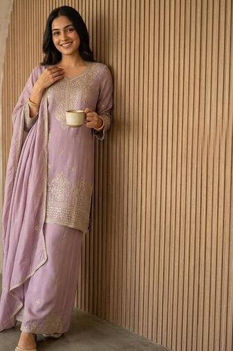 Onionpink silk blend embroidered sequin work wedding palazzo set