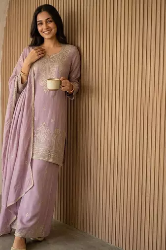 Onionpink silk blend embroidered sequin work wedding palazzo set