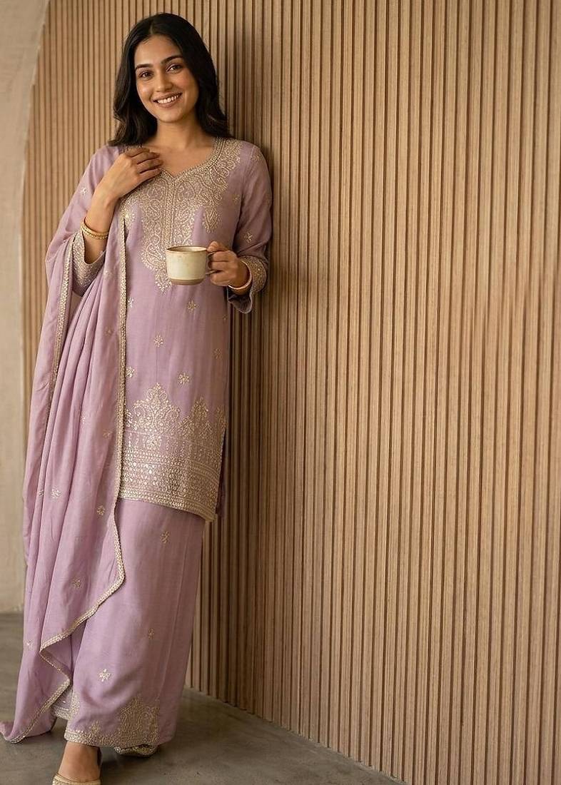 Onionpink silk blend embroidered sequin work wedding palazzo set