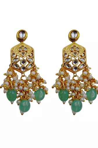 Traditional gold plated kundan and mint beaded 3-layer necklace jewellery set with earrings for women
