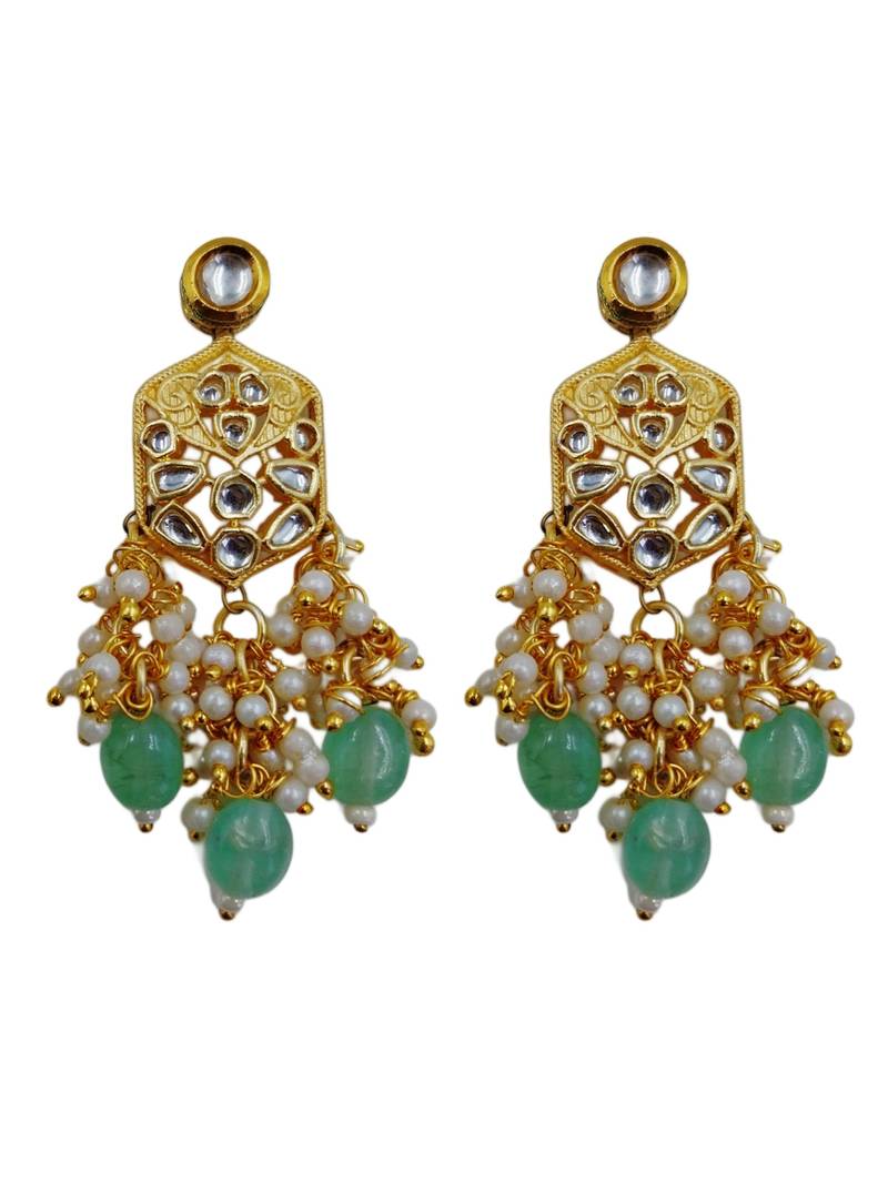 Traditional gold plated kundan and mint beaded 3-layer necklace jewellery set with earrings for women