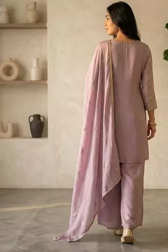 Onionpink silk blend embroidered sequin work wedding palazzo set