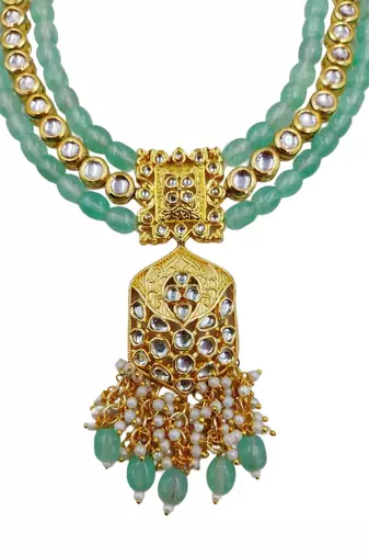 Traditional gold plated kundan and mint beaded 3-layer necklace jewellery set with earrings for women