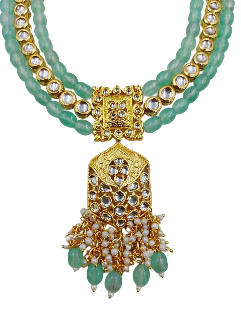 Traditional gold plated kundan and mint beaded 3-layer necklace jewellery set with earrings for women