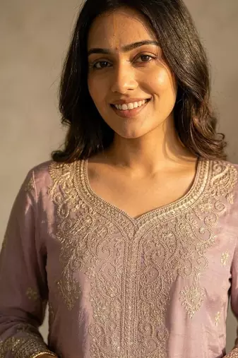 Onionpink silk blend embroidered sequin work wedding palazzo set