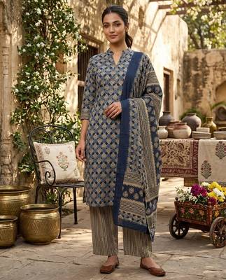 Blue printed cotton blend stitched ethnic motif print salwar kurta dupatta for women 1