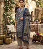 Blue printed cotton blend stitched ethnic motif print salwar kurta dupatta for women