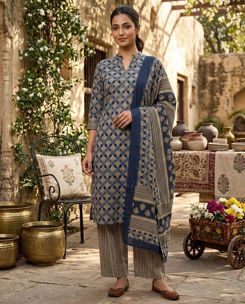 Blue printed cotton blend stitched ethnic motif print salwar kurta dupatta for women