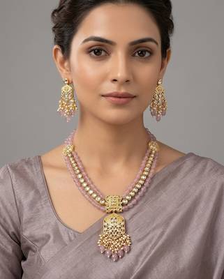 Traditional gold plated kundan and pink beaded 3-layer necklace jewellery set with earrings for women 1