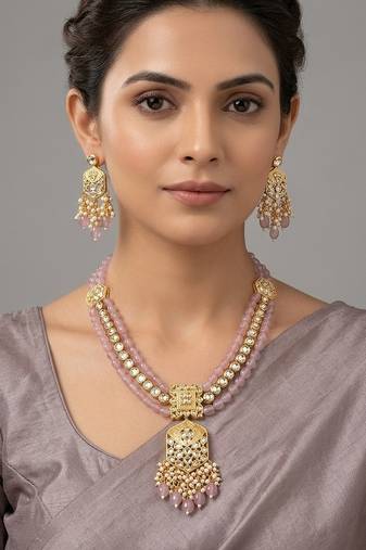 Traditional gold plated kundan and pink beaded 3-layer necklace jewellery set with earrings for women