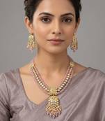 Traditional gold plated kundan and pink beaded 3-layer necklace jewellery set with earrings for women
