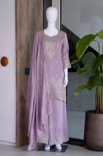 Onionpink silk blend embroidered sequin work wedding palazzo set