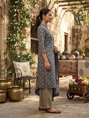 Blue printed cotton blend stitched ethnic motif print salwar kurta dupatta for women 2