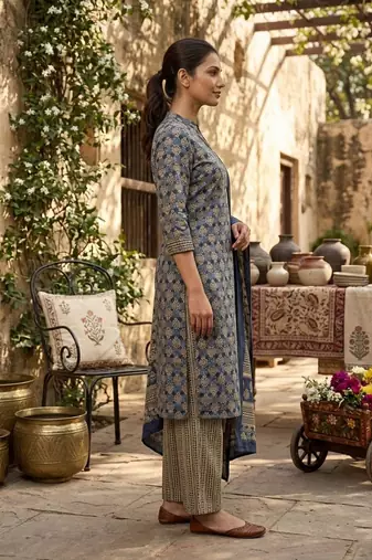 Blue printed cotton blend stitched ethnic motif print salwar kurta dupatta for women