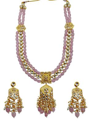 Traditional gold plated kundan and pink beaded 3-layer necklace jewellery set with earrings for women 2