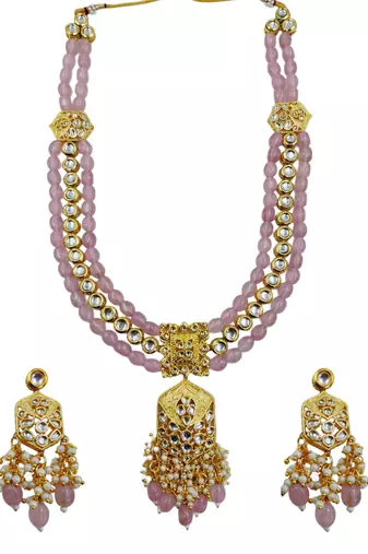 Traditional gold plated kundan and pink beaded 3-layer necklace jewellery set with earrings for women