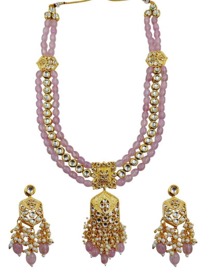 Traditional gold plated kundan and pink beaded 3-layer necklace jewellery set with earrings for women