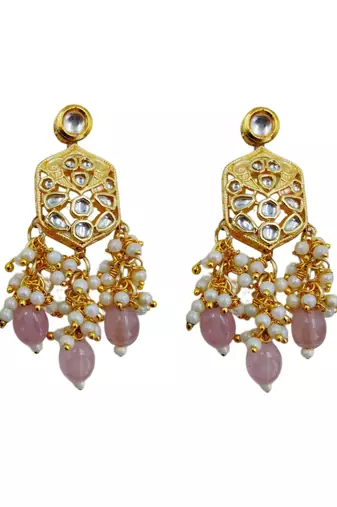 Traditional gold plated kundan and pink beaded 3-layer necklace jewellery set with earrings for women