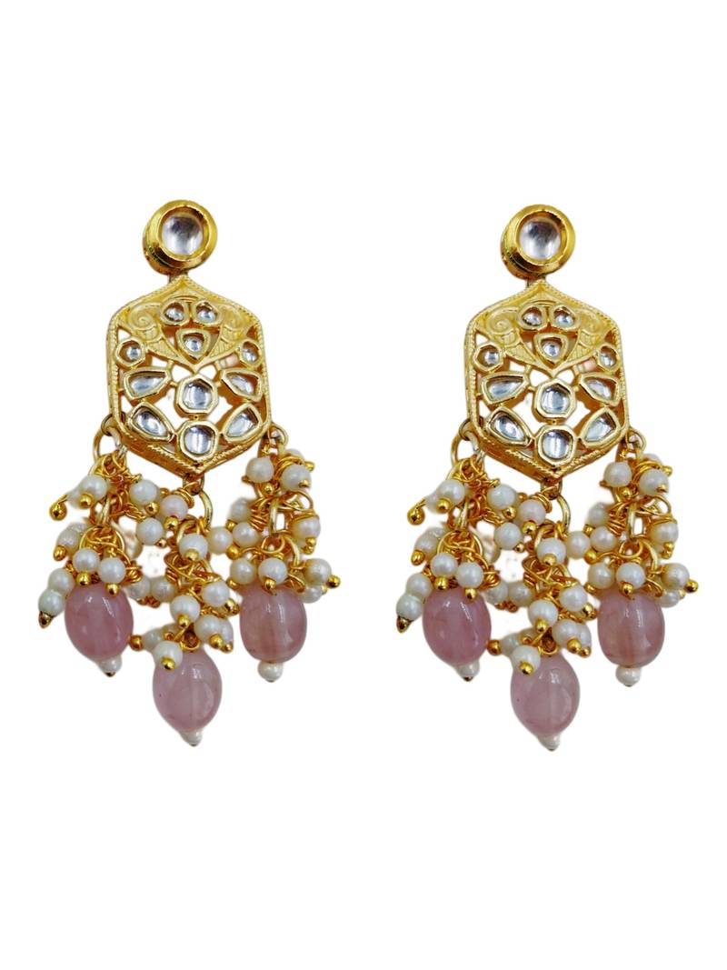 Traditional gold plated kundan and pink beaded 3-layer necklace jewellery set with earrings for women