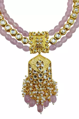 Traditional gold plated kundan and pink beaded 3-layer necklace jewellery set with earrings for women