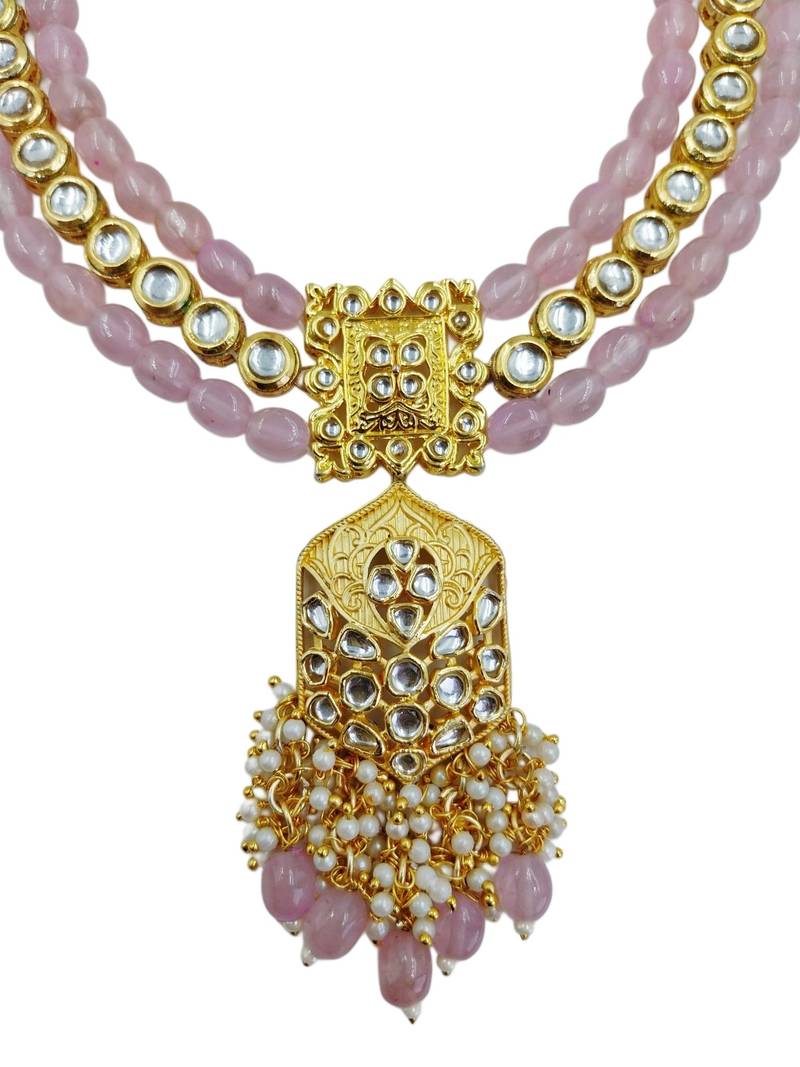 Traditional gold plated kundan and pink beaded 3-layer necklace jewellery set with earrings for women