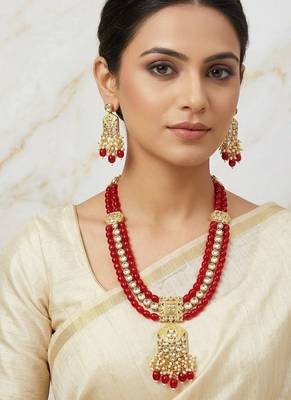Traditional gold plated kundan and red beaded 3-layer necklace jewellery set with earrings for women 1