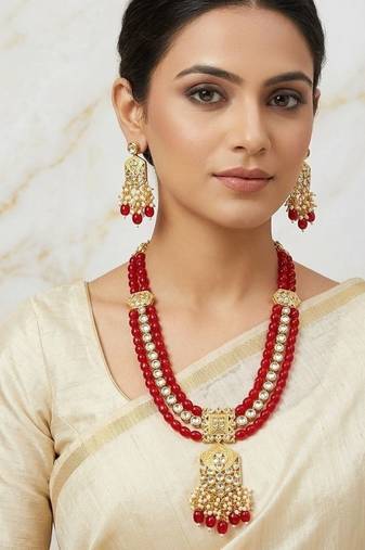 Traditional gold plated kundan and red beaded 3-layer necklace jewellery set with earrings for women