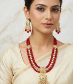 Traditional gold plated kundan and red beaded 3-layer necklace jewellery set with earrings for women