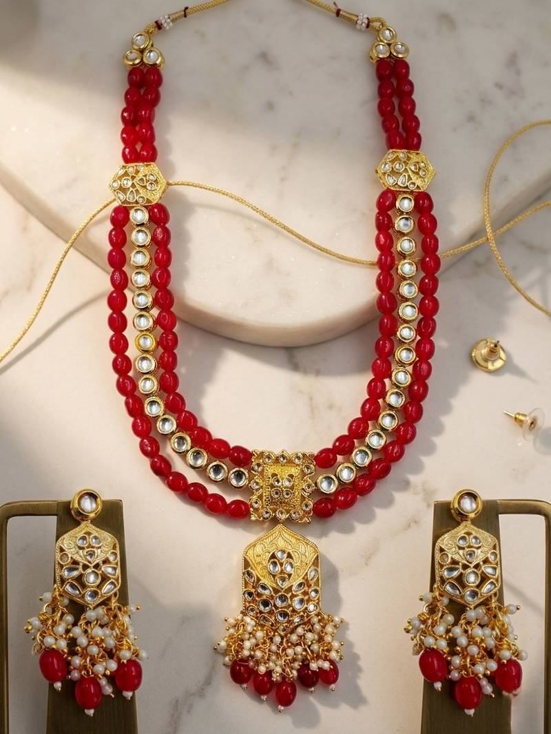 Traditional gold plated kundan and red beaded 3-layer necklace jewellery set with earrings for women