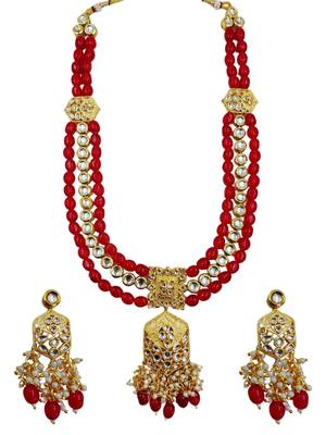 Traditional gold plated kundan and red beaded 3-layer necklace jewellery set with earrings for women 3