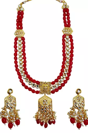 Traditional gold plated kundan and red beaded 3-layer necklace jewellery set with earrings for women