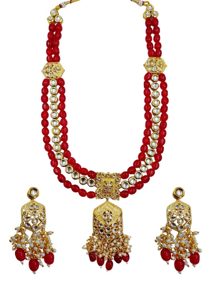 Traditional gold plated kundan and red beaded 3-layer necklace jewellery set with earrings for women