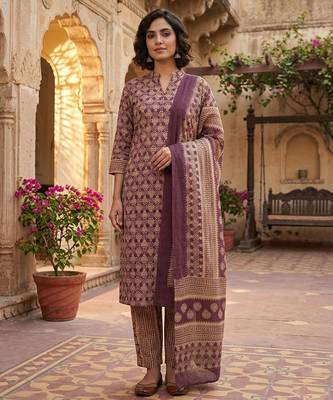 Wine printed cotton blend stitched ethnic motif print salwar kurta dupatta for women 1