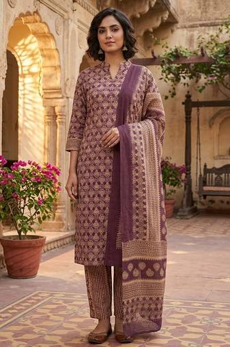 Wine printed cotton blend stitched ethnic motif print salwar kurta dupatta for women
