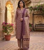 Wine printed cotton blend stitched ethnic motif print salwar kurta dupatta for women