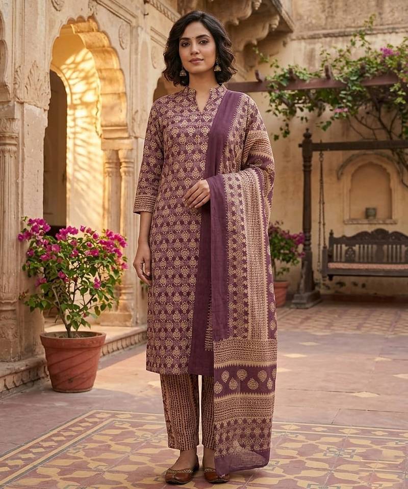 Wine printed cotton blend stitched ethnic motif print salwar kurta dupatta for women