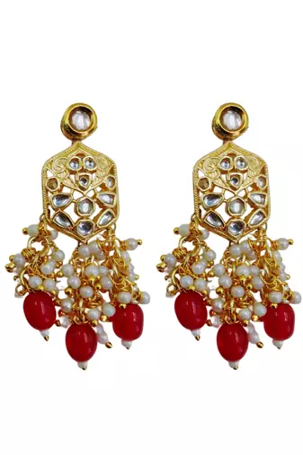 Traditional gold plated kundan and red beaded 3-layer necklace jewellery set with earrings for women