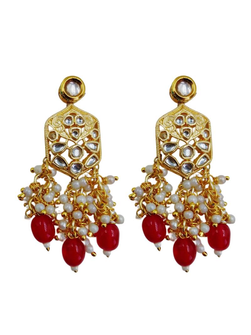 Traditional gold plated kundan and red beaded 3-layer necklace jewellery set with earrings for women