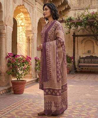 Wine printed cotton blend stitched ethnic motif print salwar kurta dupatta for women 2