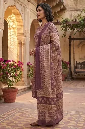 Wine printed cotton blend stitched ethnic motif print salwar kurta dupatta for women