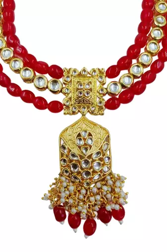 Traditional gold plated kundan and red beaded 3-layer necklace jewellery set with earrings for women