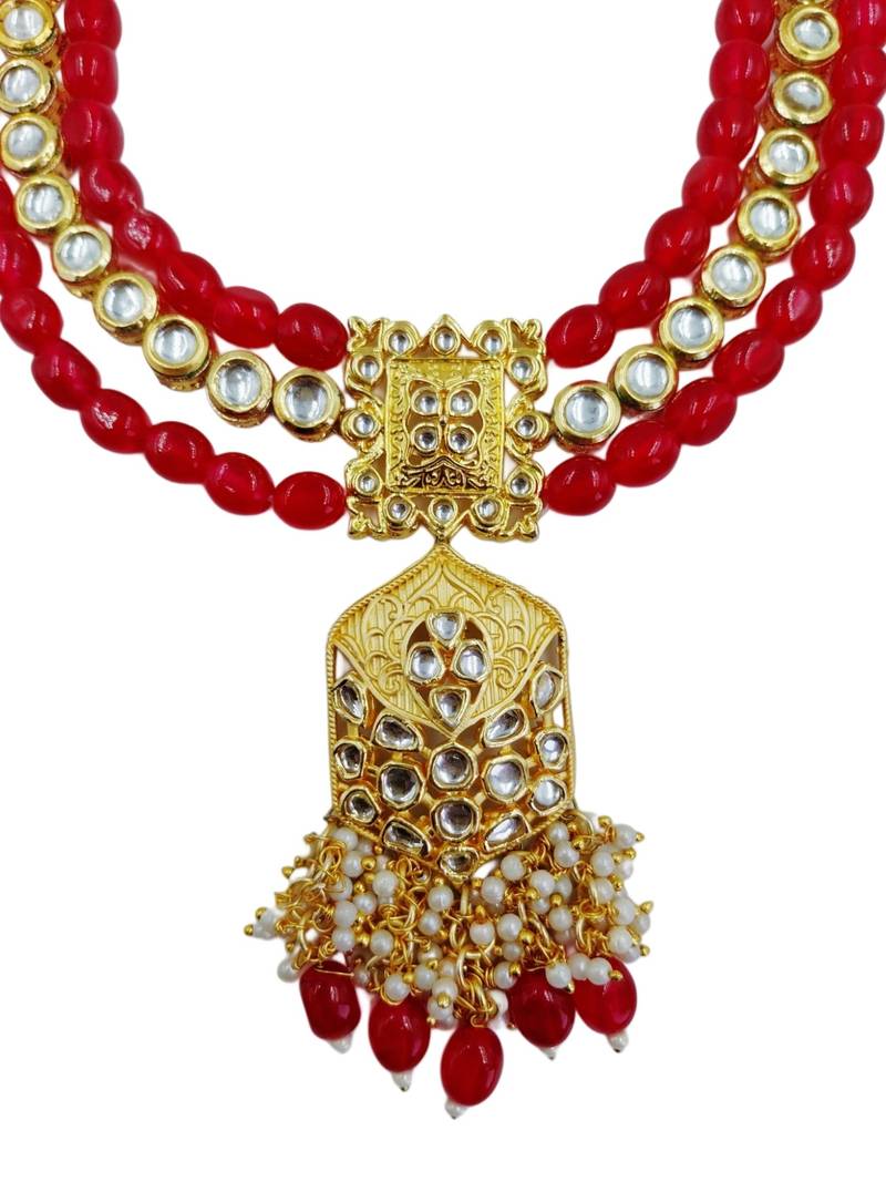 Traditional gold plated kundan and red beaded 3-layer necklace jewellery set with earrings for women